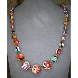 Vintage Millefiori Glass Bead Necklace 20" Multicolor With Gold-Tone Accents
